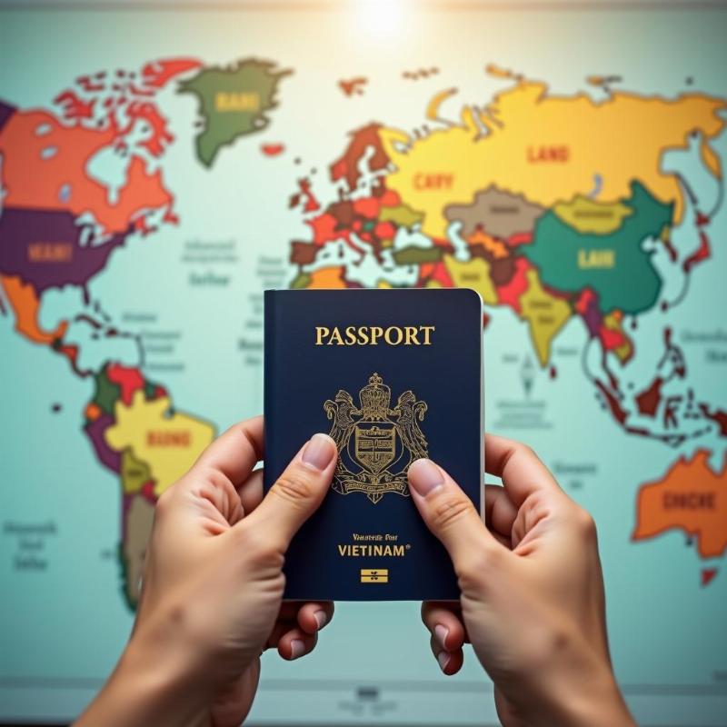 Hình ảnh một người cầm hộ chiếu Việt Nam với bản đồ thế giới phía sau, minh họa cho việc đi du lịch các nước miễn thị thực.